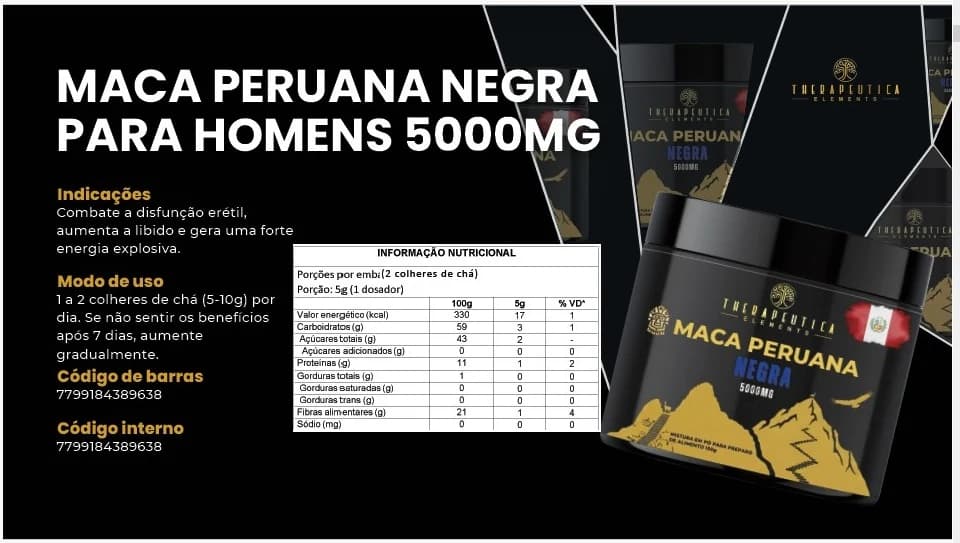 Maca Peruana Negra 5000 mg para Homens 150 g: tabela nutricional e modo de uso